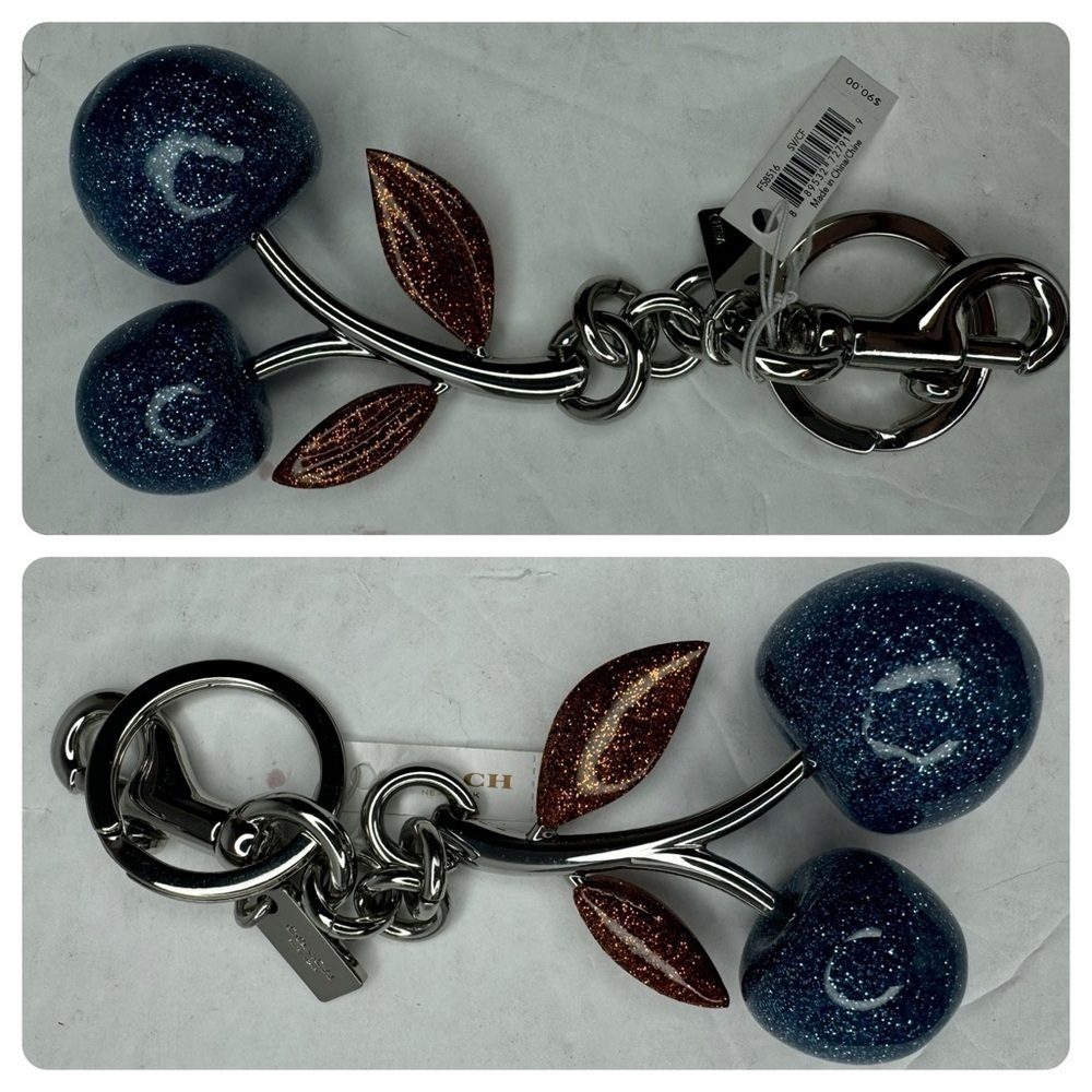 COACH RARE RESIN BLUE CHERRY BAG CHARM FOB F58516 SILVER/CORNFLOWER KEYCHAIN - Picture 2 of 6